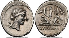 Ancients Roman Republic Julius Caesar, as Dictator (49-44 BC). AR denarius (19mm, 3.70 gm, 6h). NGC Choice VF 5/5 - 2/5, bankers mark, edge cut. Military mint traveling with Caesar in Spain, ca. late 