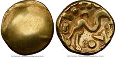 Ancients Celtic EASTERN GAUL. Ambiani. Ca. 59-50 BC. AV stater (16mm, 5.88 gm). NGC VF 4/5 - 4/5. Sills Class 3b, Gallic War issue, ca. 56-55 BC. Blank convex surface / M-shaped disjointed horse right