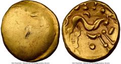Ancients Celtic EASTERN GAUL. Ambiani. Ca. 59-50 BC. AV stater (17mm, 6.27 gm). NGC XF 4/5 - 2/5, brushed, scuffs. Sills Class 3b, Gallic War issue, ca. 56-55 BC. Blank convex surface / M-shaped disjo