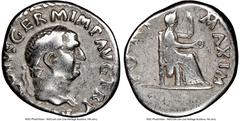 Ancients Roman Imperial Vitellius (July-December AD 69). AR denarius (19mm, 7h). NGC Fine. Rome. A VITELLIVS GERM IMP AVG TR P, laureate head of Vitellius right / PONT-MAXIM, Vesta enthroned right, pa