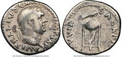 Ancients Roman Imperial Vitellius (late April-20 December AD 69). AR denarius (19mm, 6h). NGC Fine, flan flaw. Rome. A VITELLIVS GERMAN IMP TR P, laureate head of Vitellius right / XV VIR-SACR FAC, tr