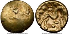 Ancients Celtic EASTERN GAUL. Ambiani. Ca. 59-50 BC. AV stater (16mm, 5.84 gm). NGC VF 4/5 - 4/5. Sills Class 3b, Gallic War issue, ca. 56-55 BC. Blank convex surface / M-shaped disjointed horse right