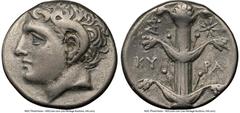 Ancients Greek CYRENAICA. Cyrene. Ca. 308-277 BC. AR didrachm (21mm, 7.44 gm, 12h). NGC Choice Fine 5/5 - 3/5. Bare head of Apollo-Carneius left, with horn of Ammon / KY-PA, silphium plant; ΣIΩ monogr