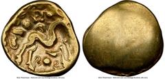 Ancients Celtic EASTERN GAUL. Ambiani. Ca. 59-50 BC. AV stater (17mm, 5.77 gm). NGC Choice Fine 4/5 - 4/5. Sills Class 3b, Gallic War issue, ca. 56-55 BC. Blank convex surface / M-shaped disjointed ho