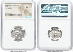 Ancients Greek PARTHIAN KINGDOM. Mithradates II (ca. 121-91 BC). AR drachm (20mm, 12h). NGC MS. Rhagae or Ecbatana, ca. 109-96/5 BC. Diademed, draped bust of Mithradates II left, with long pointed bea