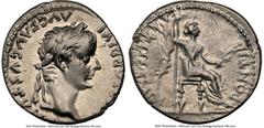 Ancients Roman Imperial Tiberius (AD 14-37). AR denarius (18mm, 3.75 gm, 11h). NGC Choice VF 3/5 - 3/5, brushed. Lugdunum, ca. AD 15-18. TI CAESAR DIVI-AVG F AVGVSTVS, laureate head of Tiberius right 
