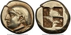 Ancients Greek IONIA. Phocaea. Ca. 387-326 BC. EL hecte (10mm, 2.53 gm). NGC Choice VF 5/5 - 4/5. Head of Aphrodite left, hair in saccos over netted sphendone, wearing pendant earring; seal swimming l