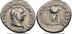 Ancients Roman Imperial Vitellius (late April-20 December AD 69). AR denarius (18mm, 6h). NGC Fine. Rome. A VITELLIVS GERM IMP AVG TR P, laureate head of Vitellius right / XV VIR-SACR FAC, tripod, sur