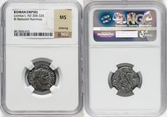 Ancients Roman Imperial Licinius I (AD 308-324). BI follis or reduced nummus (20mm, 12h). NGC MS, Silvering. Heraclea, 4th officina, ca. AD 313. IMP C VAL LICIN LICINIVS P F AVG, laureate head of Lici