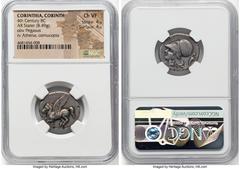 Ancients Greek CORINTHIA. Corinth. Ca. 4th century BC. AR stater (21mm, 8.49 gm, 7h). NGC Choice VF 4/5 - 4/5. Pegasus flying left; Ϙ below / Head of Athena left, wearing laureate Corinthian helmet pu