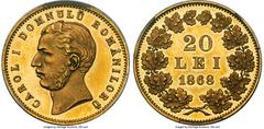 Romania Carol I gold Specimen Pattern 20 Lei 1868 SP63 Deep Cameo PCGS, KM-Pn12, cf. Schäffer/Stambuliu-10.1.1. Without the 'c' mintmark in exergue. Plain edge. One of the most celebrated rarities in 
