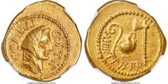 Ancients Roman Republic Julius Caesar, as Consul for the Third Time (46 BC), with Aulus Hirtius, as Praetor. AV aureus (21mm, 7.99 gm, 1h). NGC AU 5/5 - 5/5. Rome. C•CAESAR-COS•TER, veiled female head