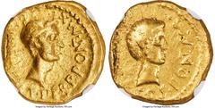 Ancients Roman Republic Octavian, as Consul (43 BC), with Julius Caesar, as Dictator Perpetuo and Pontifex Maximus. AV aureus (18mm, 7.89 gm, 6h). NGC Choice Fine 4/5 - 2/5, scratches, edge bump, edge