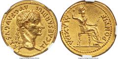 Ancients Roman Imperial Tiberius (AD 14-37). AV aureus (19mm, 7.80 gm, 4h). NGC MS 5/5 - 2/5, brushed, scuff. Lugdunum, ca. AD 14-17. TI CAESAR DIVI-AVG F AVGVSTVS, laureate head of Tiberius right / P