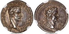 Ancients Roman Imperial Gaius (Caligula) (AD 37-41), with Divus Augustus. AR denarius (19mm, 3.75 gm, 2h). NGC Choice XF S 5/5 - 4/5. Lugdunum, AD 37. C CAESAR AVG GERM•P•M•TR•POT•COS, bare head of Ca