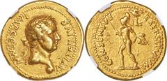 Ancients Roman Imperial Vitellius (16 April-22 December AD 69). AV aureus (20mm, 7.49 gm, 5h). NGC VF S 5/5 - 3/5, Fine Style, bankers marks, brushed. Tarraco and Lugdunum. A•VITELLIVS-IMP•GERMAN, lau