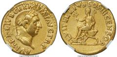Ancients Roman Imperial Vitellius (16 April-22 December AD 69). AV aureus (19mm, 7.07 gm, 6h). NGC VF 5/5 - 4/5. Rome. A VITELLIVS GERM IMP AVG TR P, laureate head of Vitellius right / L VITELLIVS COS