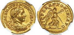 Ancients Roman Imperial Elagabalus (AD 218-222). AV aureus (21mm, 6.36 gm, 1h). NGC Choice AU 5/5 - 4/5, Fine Style. Rome, AD 219. IMP CAES M AVR ANTONINVS AVG, laureate, draped, and cuirassed bust of