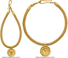 Ancients Roman Imperial ANTIQUITIES. Roman Imperial. Severus Alexander (AD 222-235). AV aureus (19mm, 11h) in contemporary gold setting and chain. Choice XF. Coin: Rome, AD 227. IMP C M AVR SEV-ALEXAN