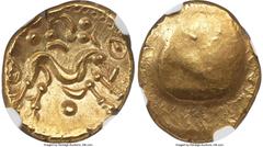 Ancients Celtic EASTERN GAUL. Ambiani. Ca. 59-50 BC. AV stater (20mm, 6.34 gm). NGC Choice AU 5/5 - 4/5. Sills Class 3b, Gallic War issue, ca. 56-55 BC. Blank convex surface / M-shaped disjointed hors