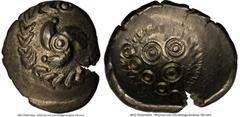 Ancients Celtic CENTRAL EUROPE. The Vindelici. 1st century BC. AV stater (20mm, 5.94 gm, 7h). NGC Choice AU 4/5 - 5/5. Regenbogenschüsselchen type. Triskeles clockwise, pellet within an annulet in the