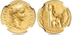 Ancients Roman Imperial Tiberius (AD 14-37). AV aureus (19mm, 7.76 gm, 3h). NGC Choice AU 5/5 - 3/5, edge marks. Lugdunum, ca. AD 14-17. TI CAESAR DIVI-AVG F AVGVSTVS, laureate head of Tiberius right 