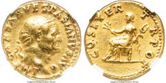 Ancients Roman Imperial Vespasian (AD 69-79). AV aureus (19mm, 7.26 gm, 6h). NGC XF 4/5 - 3/5, edge marks. Rome, January-June AD 70. IMP CAESAR VESPASIANVS AVG, laureate head of Vespasian right / COS 