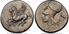 Ancients Greek CORINTHIA. Corinth. Ca. 4th century BC. AR stater (21mm, 8.67 gm, 12h). NGC Choice VF 5/5 - 5/5. Pegasus with pointed wing flying left; Ϙ below / Head of Athena left, wearing beaded nec