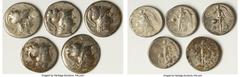 Ancients Ancient Lots ANCIENT LOTS. Greek. Pamphylia. Side. Ca. 3rd-2nd centuries BC. Lot of five (5) AR tetradrachms. Good-Fine. Includes: Five Pamphylian AR tetradrachms, various magistrates. SOLD A