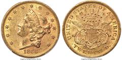 Liberty Double Eagles 1866 $20 Motto MS61 PCGS. The first year of the Liberty Head Motto design saw a mintage of 698,745 coins at the Philadelphia Mint. Most examples were exported and subsequently me