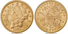 Liberty Double Eagles 1869-S $20 AU58 NGC. This attractive Type Two double eagle exhibits just a trace of friction on the strongly impressed design elements and the lustrous orange-gold surfaces show 