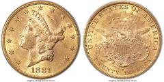 Liberty Double Eagles 1881-S $20 MS62 PCGS. A substantial mintage of 727,000 Liberty double eagles was accomplished at the San Francisco Mint in 1881, and the 1881-S can be easily located in circulate