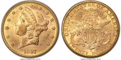 Liberty Double Eagles 1887-S $20 MS62 PCGS. From a mintage of 283,000 pieces, a few examples of this issue were discovered in the Saddle Ridge Hoard, but the 1887-S twenty remains scarce finer than th