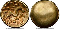 Ancients Celtic EASTERN GAUL. Ambiani. Ca. 59-50 BC. AV stater (17mm, 5.84 gm). NGC VF 5/5 - 4/5. Sills Class 3b, Gallic War issue, ca. 56-55 BC. Blank convex surface / M-shaped disjointed horse right