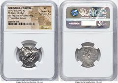Ancients Greek CORINTHIA. Corinth. Ca. 550-515/500 BC. AR stater (22mm, 8.62 gm). NGC XF 4/5 - 4/5. Pegasus flying left; Ϙ below / Quadripartite incuse square with tetraskelion pattern. Pegasi 14. BCD
