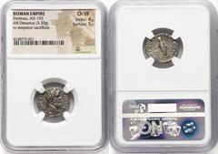 Ancients Roman Imperial Pertinax (1 January-28 March AD 193). AR denarius (18mm, 3.30 gm, 5h). NGC Choice VF 4/5 - 5/5. Rome. IMP CAES P HELV-PERTIN AVG, laureate head of Pertinax right / VOT DECEN TR