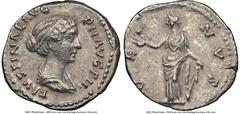 Ancients Roman Imperial Faustina Junior (AD 147-175/6). AR denarius (18mm, 5h). NGC XF, marks. Rome, AD 147-150. FAVSTINAE AVG-PII AVG FIL, draped bust of Faustina Junior right, seen from front, weari