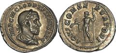 Pupienus (AD 238). AR denarius (3.15 gm). Rome, April-June AD 238. C M CLOD PVPIENVS AVG, laureate, draped bust of Pupienus right / IOVI CONSERVATORI, Jupiter standing left, holding scepter and thunde