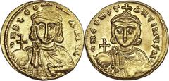 Leo III the Isaurian and Constantine V (AD 717-741). AV solidus (4.43 gm). Constantinople, AD 720-741. δNO LEON P A MuL, crowned facing bust of Leo, wearing chlamys, holding globus cruciger and akakia
