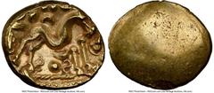 Ancients Celtic EASTERN GAUL. Ambiani. Ca. 59-50 BC. AV stater (18mm, 5.85 gm). NGC Choice XF 5/5 - 4/5. Sills Class 3b, Gallic War issue, ca. 56-55 BC. Blank convex surface / M-shaped disjointed hors