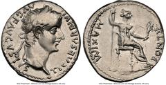 Ancients Roman Imperial Tiberius (AD 14-37). AR denarius (18mm, 3.70 gm, 11h). NGC VF 3/5 - 3/5, brushed. Lugdunum, ca. AD 18-35. TI CAESAR DIVI-AVG F AVGVSTVS, laureate head of Tiberius right / PONTI
