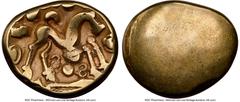 Ancients Celtic EASTERN GAUL. Ambiani. Ca. 59-50 BC. AV stater (17mm, 5.81 gm). NGC Choice Fine 4/5 - 5/5. Sills Class 3b, Gallic War issue, ca. 56-55 BC. Blank convex surface / M-shaped disjointed ho