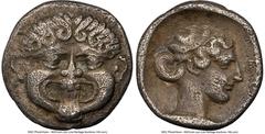 Ancients Greek MACEDON. Neapolis. Ca. 425-350 BC. AR hemidrachm or triobol (13mm, 5h). NGC Choice Fine. Head of gorgoneion facing, tongue protruding below upper row of teeth / NEOΠ, head of nymph righ