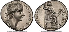 Ancients Roman Imperial Tiberius (AD 14-37). AR denarius (18mm, 3.70 gm, 6h). NGC Choice AU 4/5 - 3/5. Lugdunum, ca. AD 18-35. TI CAESAR DIVI-AVG F AVGVSTVS, laureate head of Tiberius right / PONTIF-M
