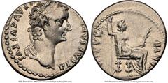 Ancients Roman Imperial Tiberius (AD 14-37). AR denarius (19mm, 3.83 gm, 3h). NGC Choice VF 3/5 - 3/5, brushed. Lugdunum, ca. AD 18-35. TI CAESAR DIVI-AVG F AVGVSTVS, laureate head of Tiberius right /