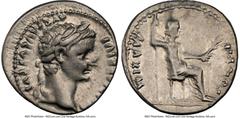Ancients Roman Imperial Tiberius (AD 14-37). AR denarius (19mm, 3.80 gm, 4h). NGC VF 3/5 - 3/5, brushed. Lugdunum, ca. AD 15-18. TI CAESAR DIVI-AVG F AVGVSTVS, laureate head of Tiberius right / PONTIF