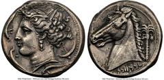 Ancients Greek Ancients SICILY. Siculo-Punic. Ca. 320-300 BC. AR tetradrachm (25mm, 16.96 gm, 8h). NGC Choice VF 5/5 - 2/5, Fine Style. Head of Arethusa left, wreathed with reeds, wearing beaded neckl