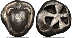Ancients Greek Ancients SARONIC ISLANDS. Aegina. Ca. 525-480 BC. AR hemidrachm (11mm, 3.02 gm). NGC Fine S 5/5 - 3/5. Turtle with thin collar, seen from above / Mill-sail pattern incuse of five sunken