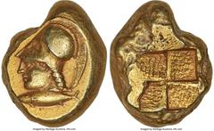 Ancients Greek MYSIA. Cyzicus. Ca. 5th-4th centuries BC. EL stater (21mm, 15.96 gm). NGC AU 5/5 - 3/5, Fine Style, scuffs. Head of Athena left, wearing Corinthian helmet pushed back on head; tunny fis