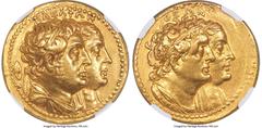 Ancients Greek PTOLEMAIC EGYPT. Ptolemy II Philadelphus (285/4-246 BC), with Arsinöe II, Ptolemy I, and Berenice I. AV mnaieion or octodrachm (29mm, 27.64 gm, 12h). NGC AU 4/5 - 3/5, Fine Style, edge 